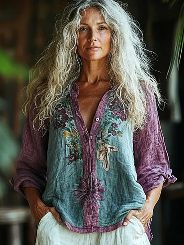 Bohemian Style Linen Floral Art Print  Long Sleeve Shirt