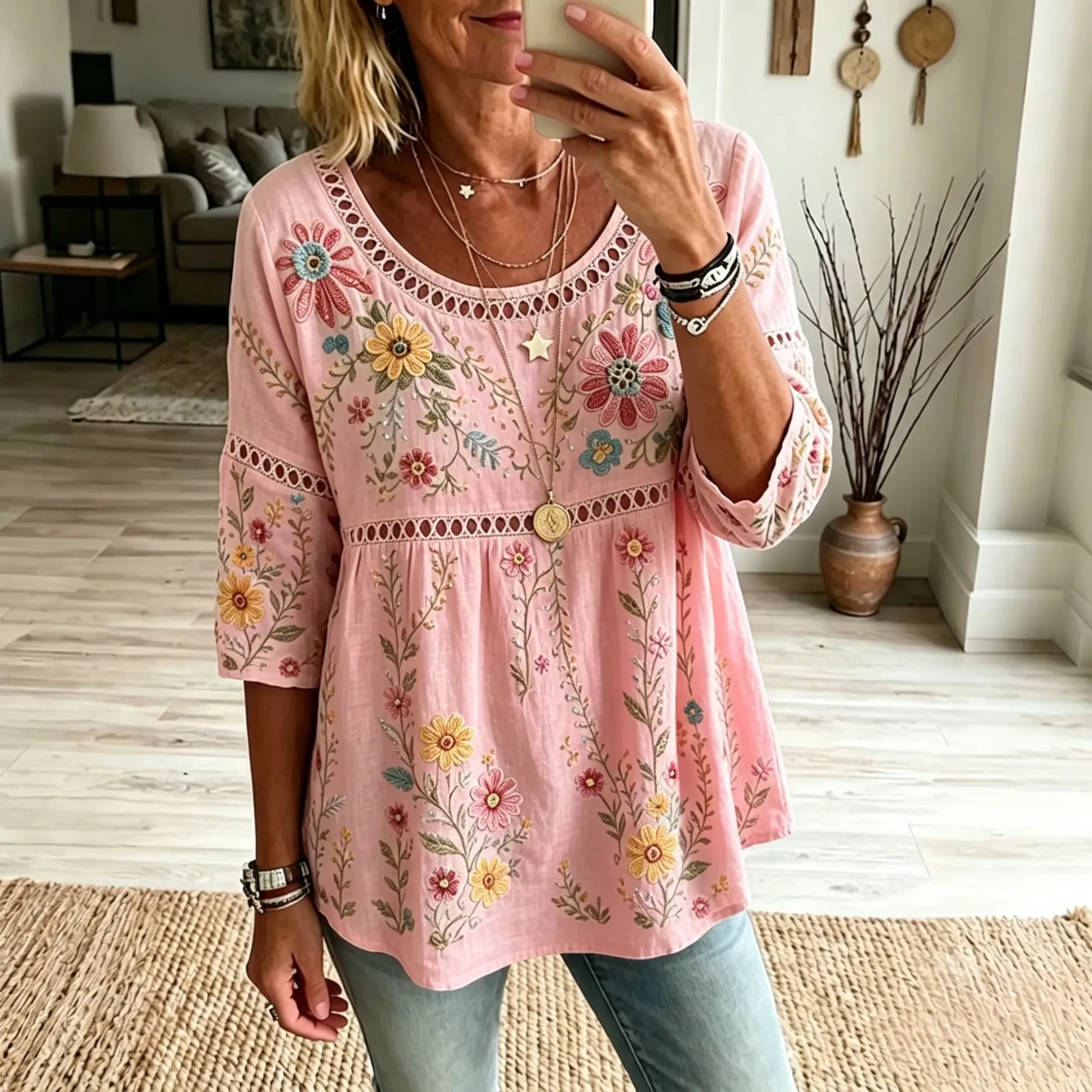 Women's Vintage Floral Art Print Flowy Linen Blend Linen Blend Three-quarter Sleeve Casual Tops