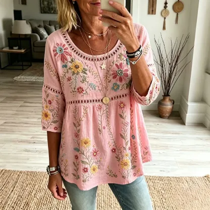 Women's Vintage Floral Art Print Flowy Linen Blend Linen Blend Three-quarter Sleeve Casual Tops
