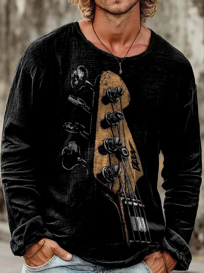 Men's Vintage Black Guitar Rock Art Print Casual Cotton Crew Neck Pullover Shirt