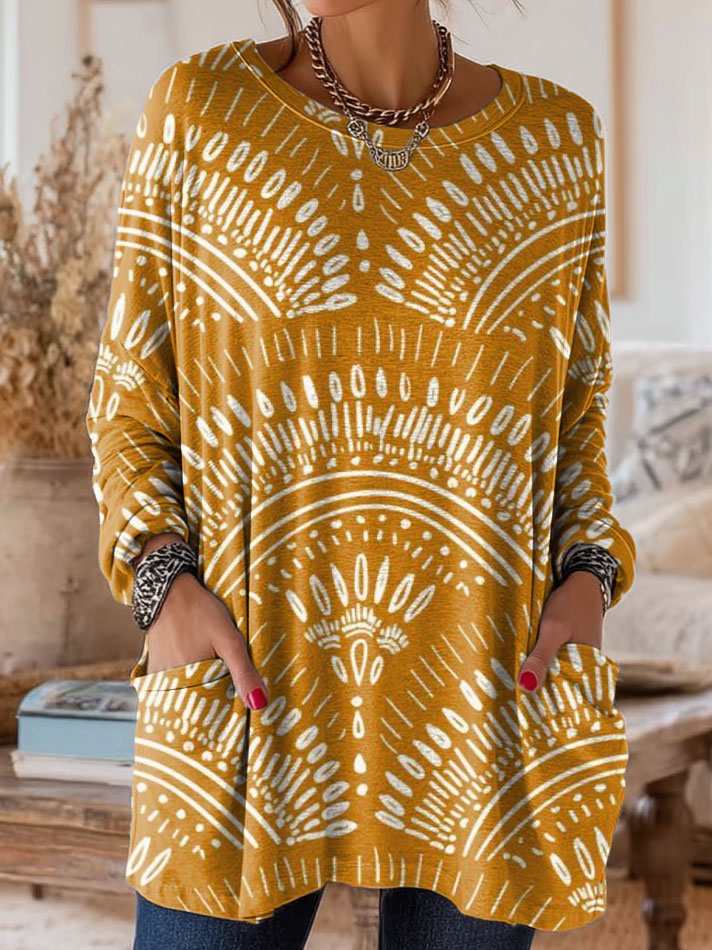 Women's Bohemian Floral Art Print Casual Long-Sleeve T-Shirt