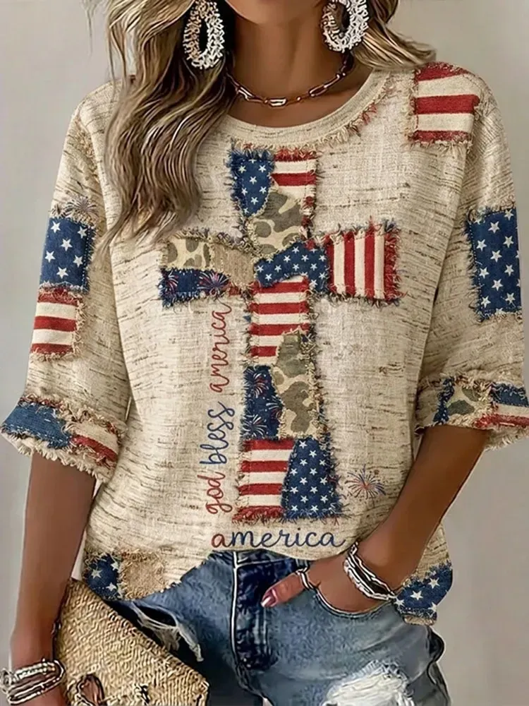 Women'S Flag, Faith, Art, Seven Quarter Sleeve Round Neck Linen Top