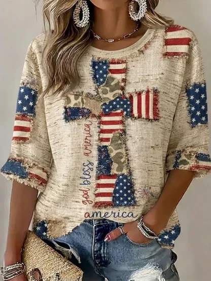 Women'S Flag, Faith, Art, Seven Quarter Sleeve Round Neck Linen Top