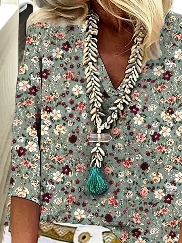 Women's Three Quarter Sleeve Blouse Spring/Fall Green Floral Printing V Neck Daily Going Out Casual Top