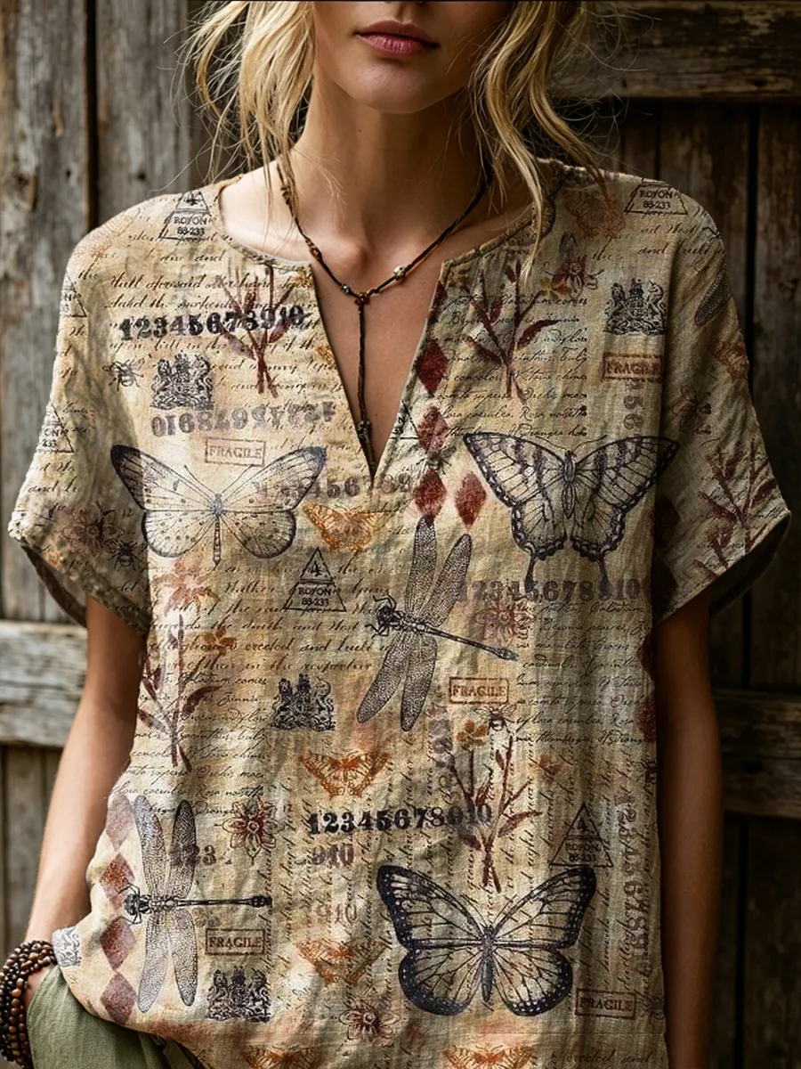 Women's Retro Butterfly Art Print Casual Short-sleeve V-neck Cotton Linen Shirt