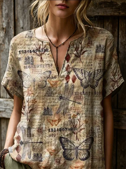 Women's Retro Butterfly Art Print Casual Short-sleeve V-neck Cotton Linen Shirt