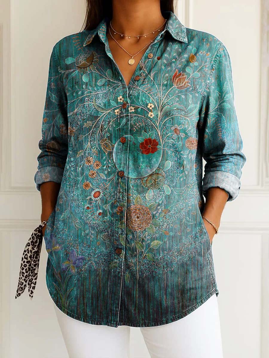 Women's Retro Art Flowers Print Casual Cotton Shirt