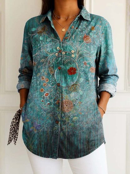 Women's Retro Art Flowers Print Casual Cotton Shirt