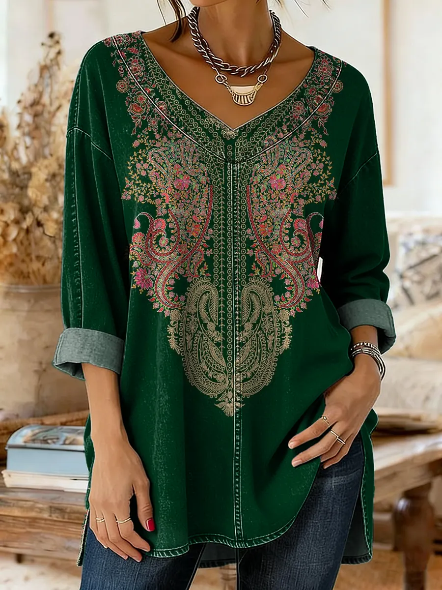 Women's Bohemian Retro Totem Floral Art Print Casual V-neck Long-sleeve Washed Denim Shirt