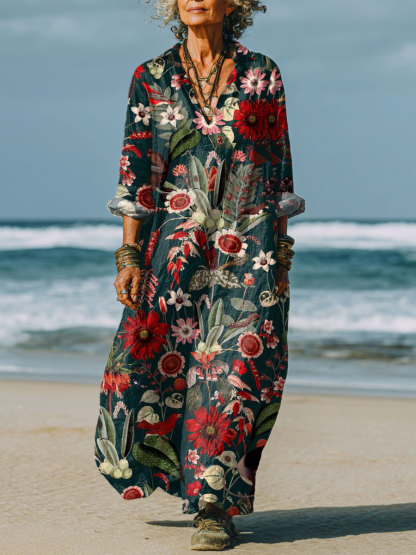 Women's Vintage Flower Art Print Casual Dress