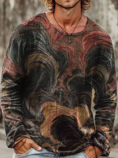 Mens Vintage Abstract Gradient Art Print Casual Round Neck Pullover Cotton Shirt