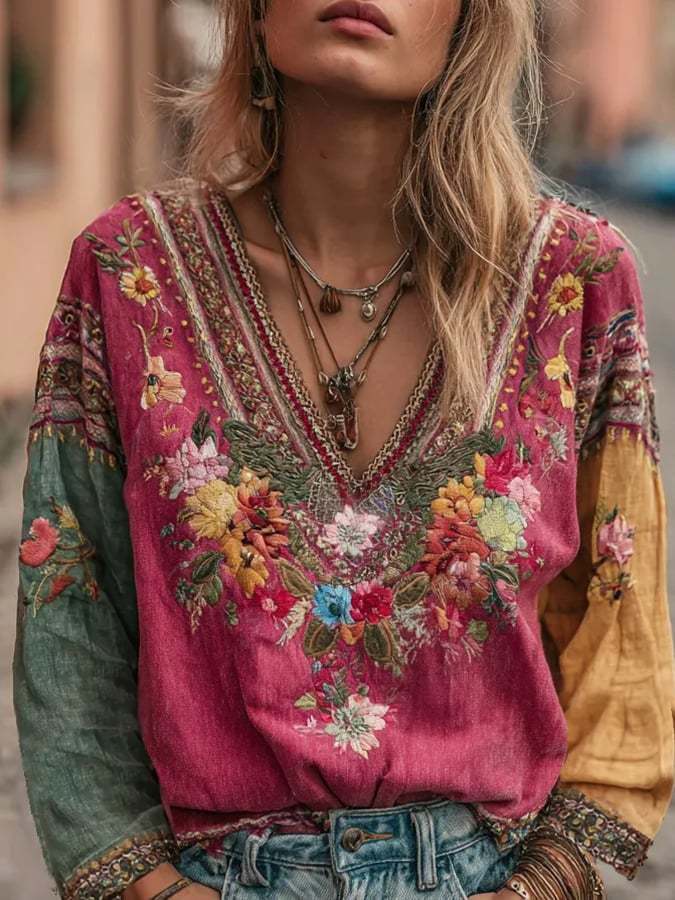 Women's Casual Vintage Breast Cancer Awareness Bohemian V-Neck Top