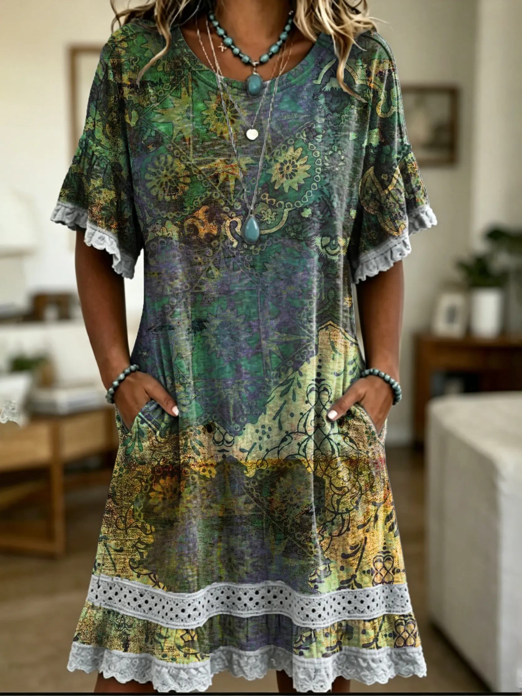 Women's Vintage Floral Print Lace Cutout Dress