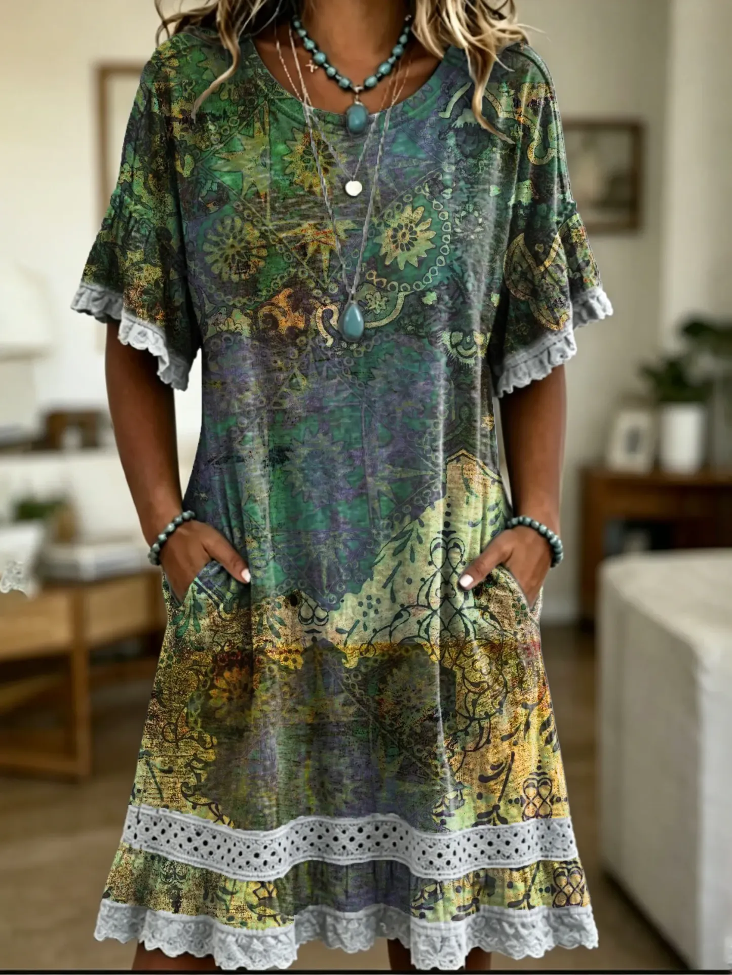 Women's Vintage Floral Print Lace Cutout Dress