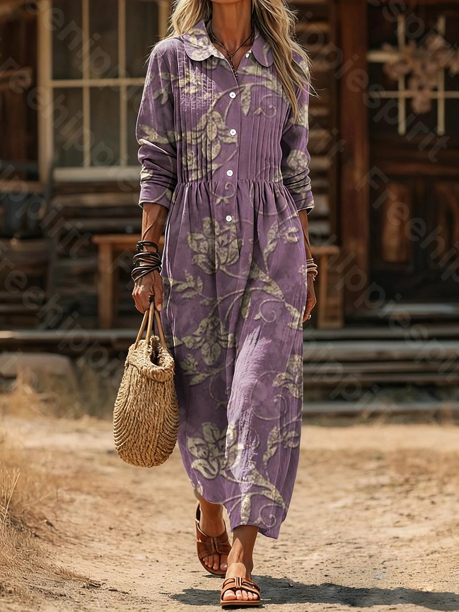 Women's Vintage Floral Art Print Casual Long-Sleeve Cotton-Linen Blend Dress