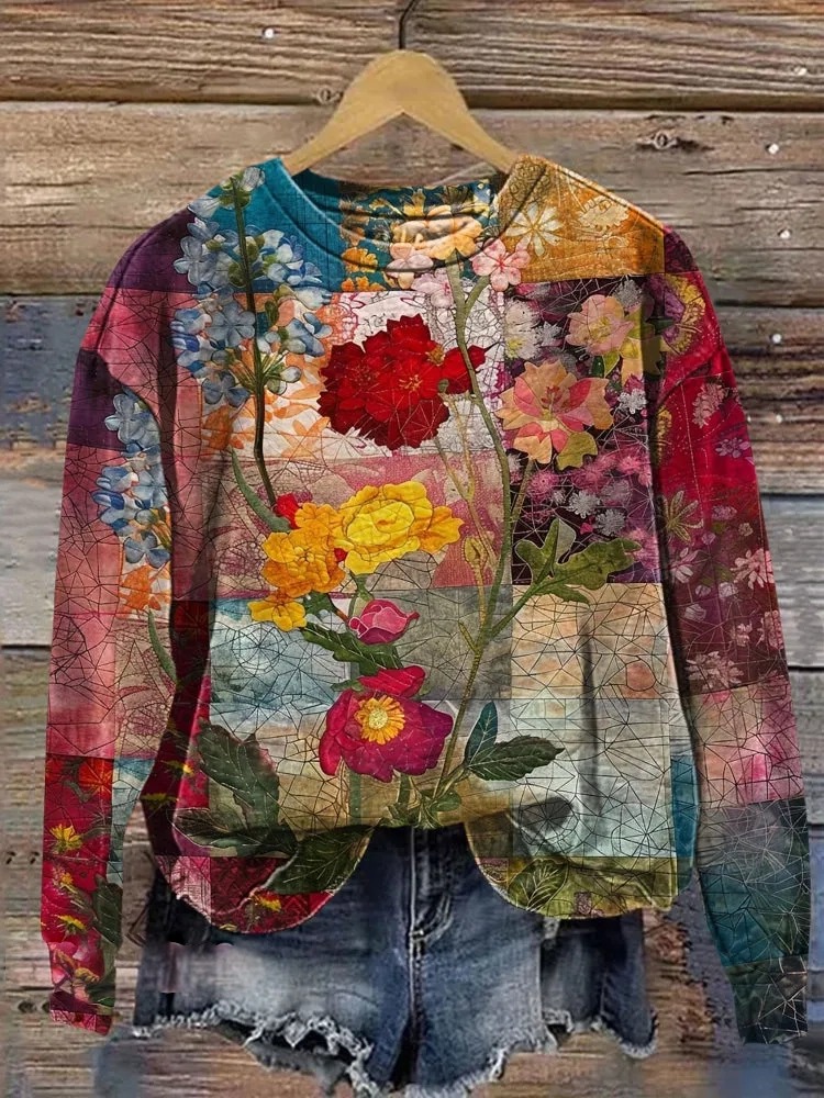 Vintage Floral Patchwork Art Print Casual  Sweatshirt
