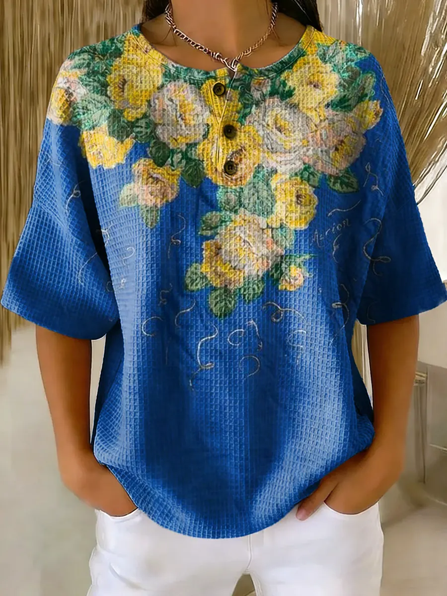 Women's Oil Painting Style Floral Textured Art Print Casual Pure Cotton Short-sleeved T-shirt