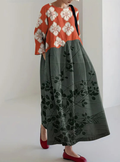 Japanese Art Flower Print Crew Neck Loose Midi Dress