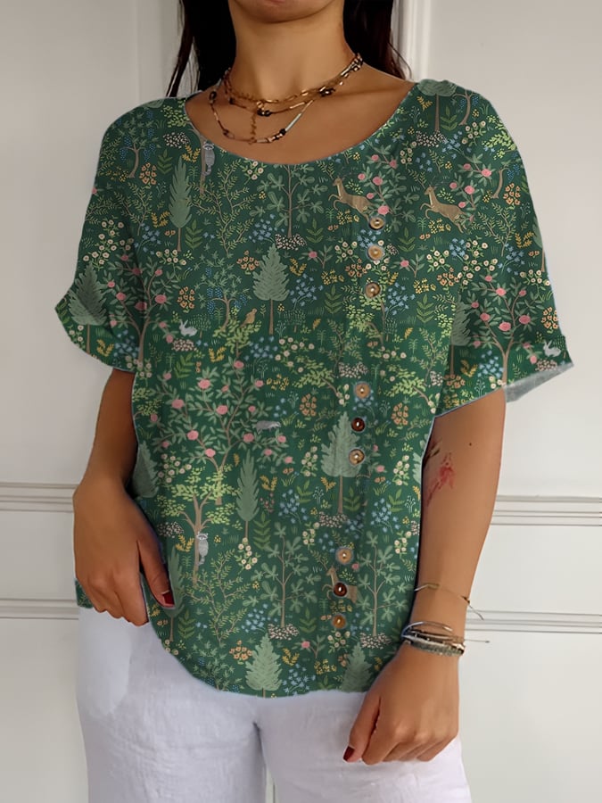 Women's Casual Forest Animal Plant Flower Cotton And Linen Shirt