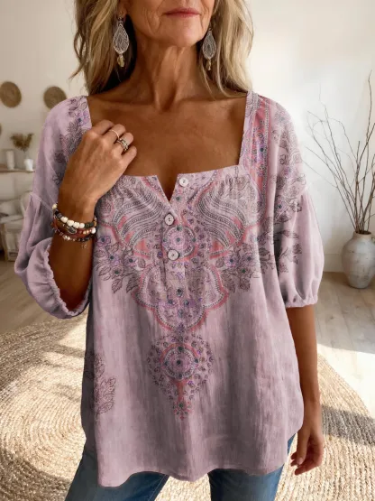 Women's Totem-inspired Vintage Floral Art Print Casual Square-neck Top