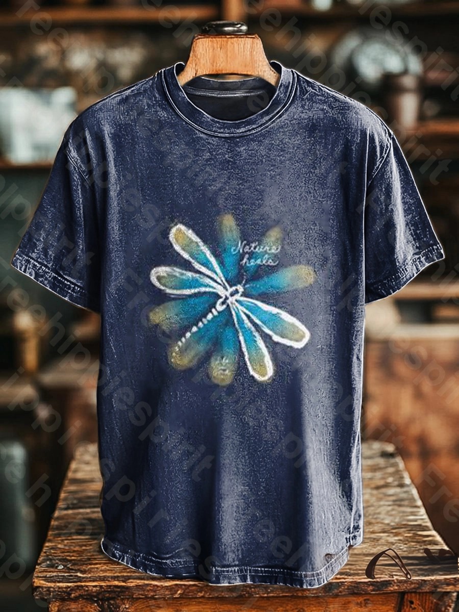 Unisex Retro Tie Dye Dragonfly Flowers Art Print Casual Loose Short Sl