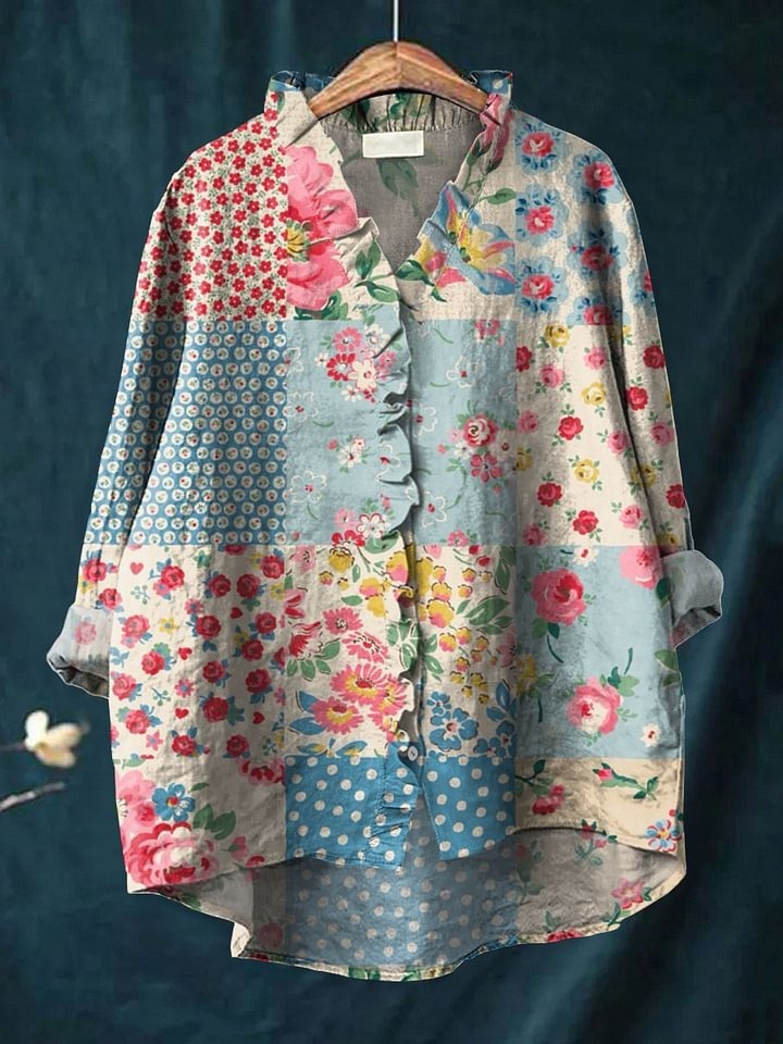 Vintage Bohemian Floral Cotton and Linen Peter Pan Ruffle Collar Shirt