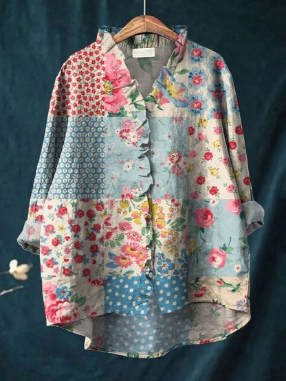 Vintage Bohemian Floral Cotton and Linen Peter Pan Ruffle Collar Shirt