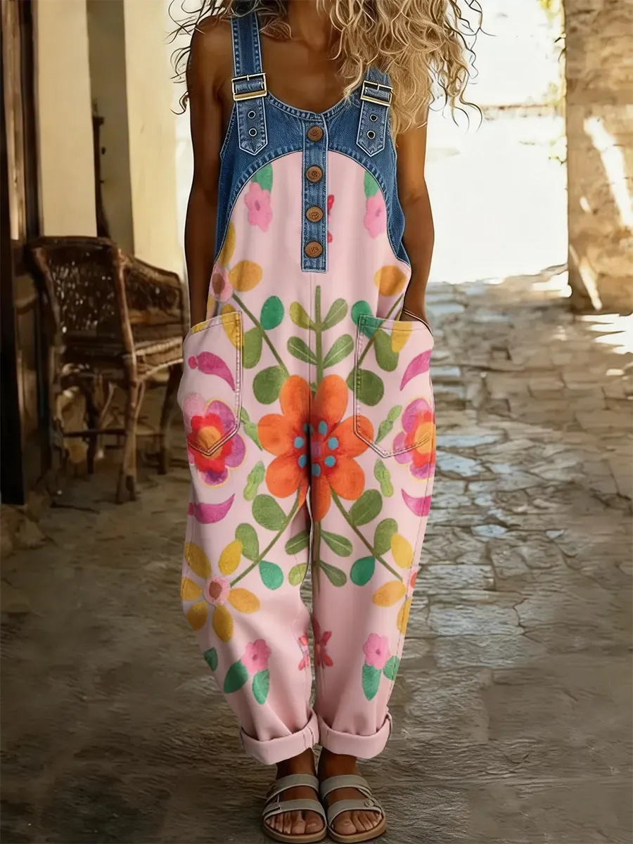 Women's Boho Floral Art Print Patchwork Denim Overalls