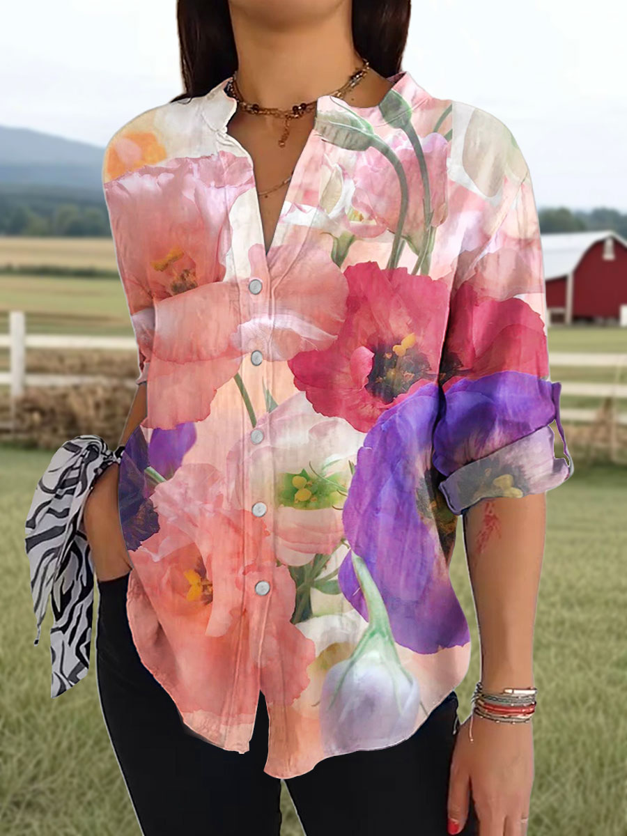 Women's Vintage Floral Art Print Casual Cotton Shirt