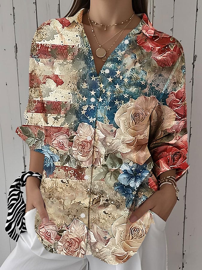 Women's Independence Day Vintage Flag Floral Print Lapel Shirt