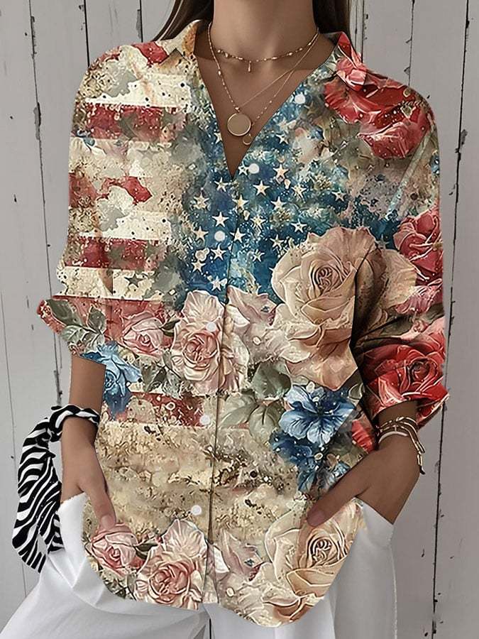 Women's Independence Day Vintage Flag Floral Print Lapel Shirt