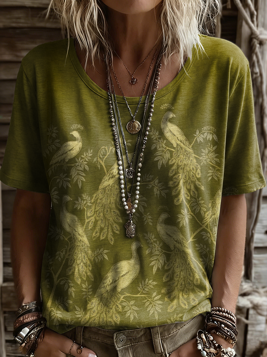 Women's Retro Peacock Art Print Casual Short-sleeve Crew Neck T-shirt