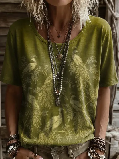 Women's Retro Peacock Art Print Casual Short-sleeve Crew Neck T-shirt