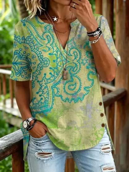 Retro Floral Print Women's Linen V Neck Shirt