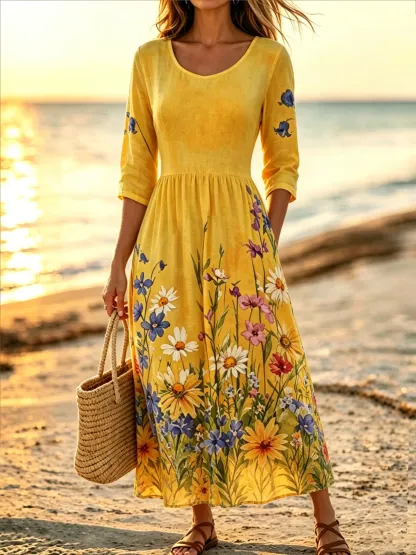 Women's Ditsy Wildflower Print Cotton 3/4 Sleeve Maxi Dress