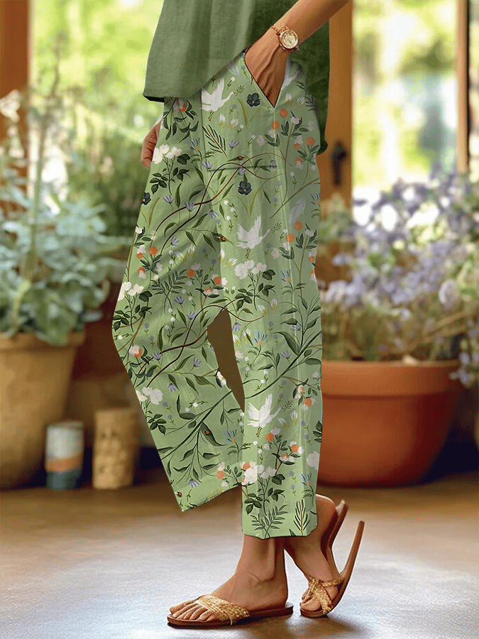 Women's Forest Floral Print Casual Pants (With Pockets)