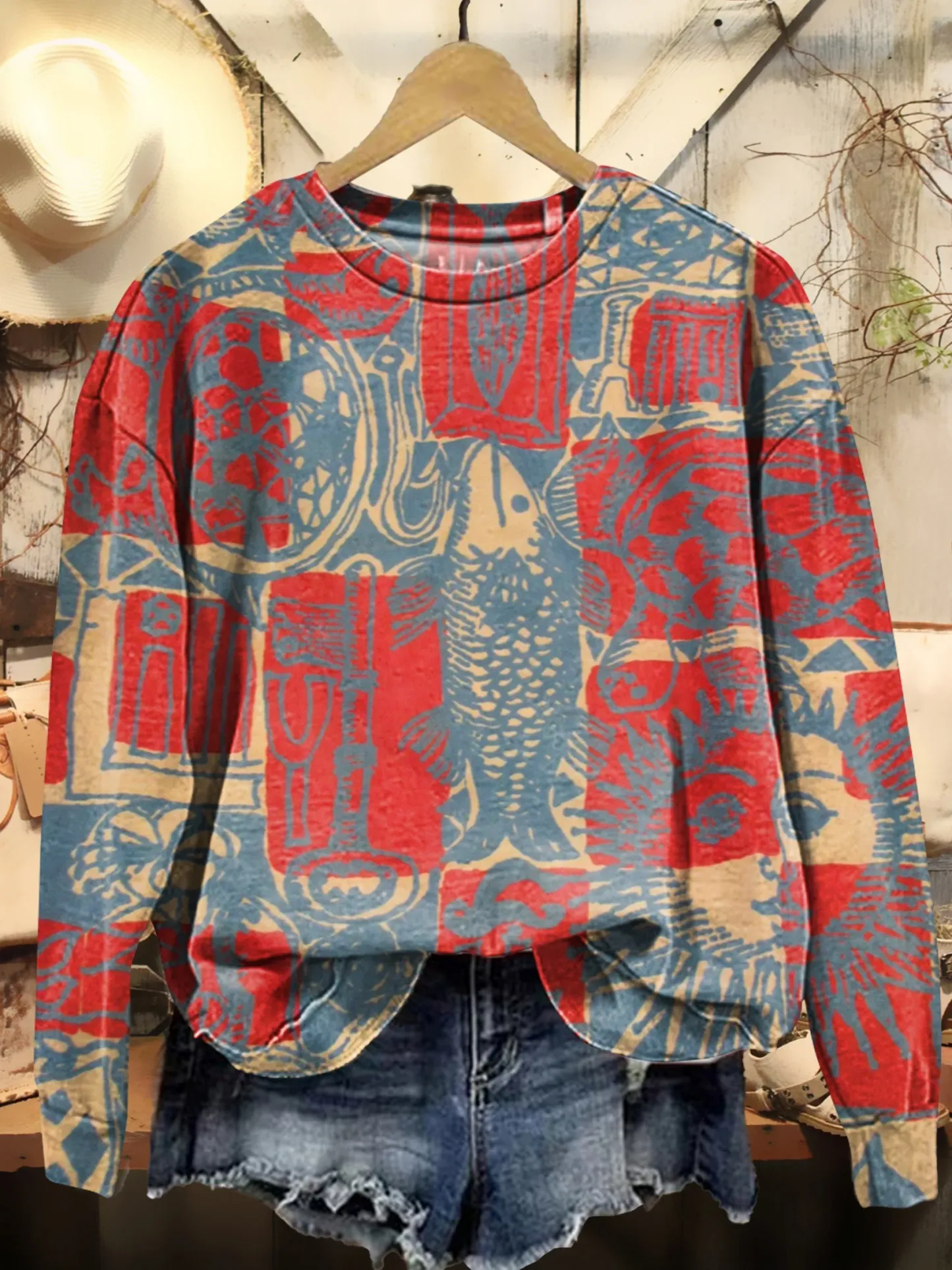 Women's Bohemian Ethnic Collage Art Pattern Print Casual Cotton Linen Shirt