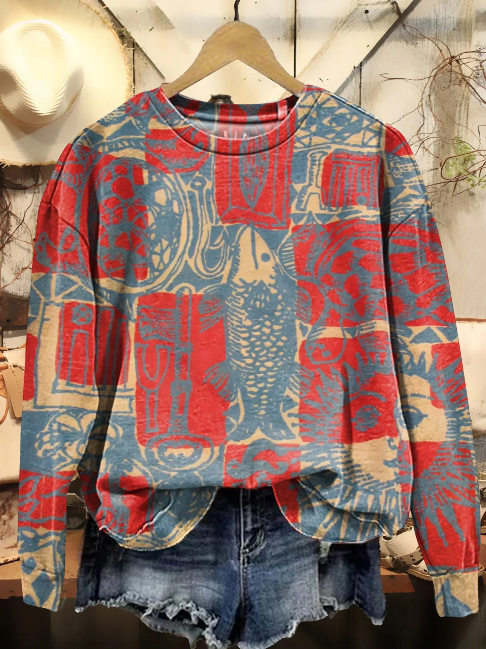 Women's Bohemian Ethnic Collage Art Pattern Print Casual Cotton Linen Shirt