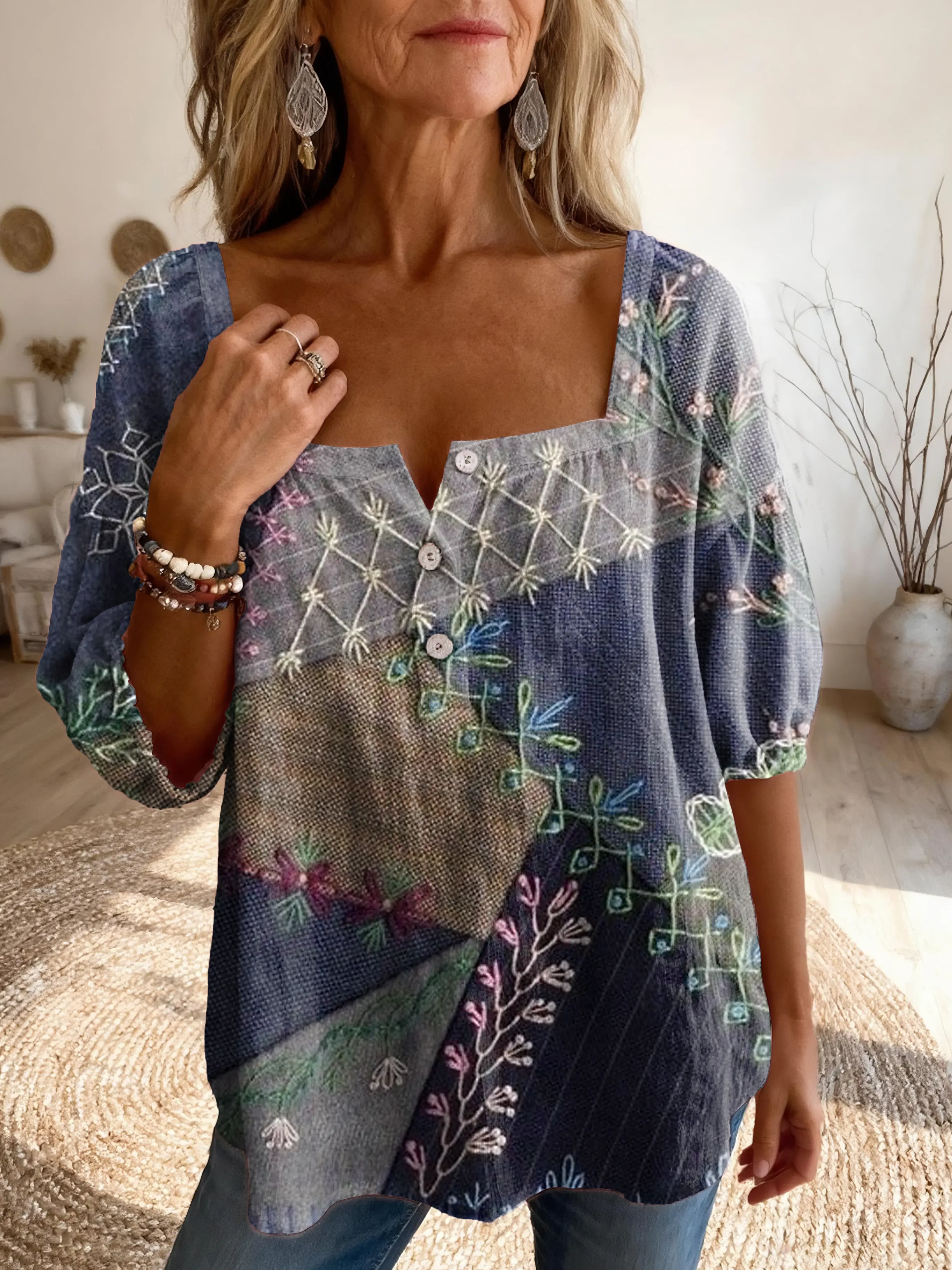 Women's Floral Patchwork Art Print Casual Square Neck Top