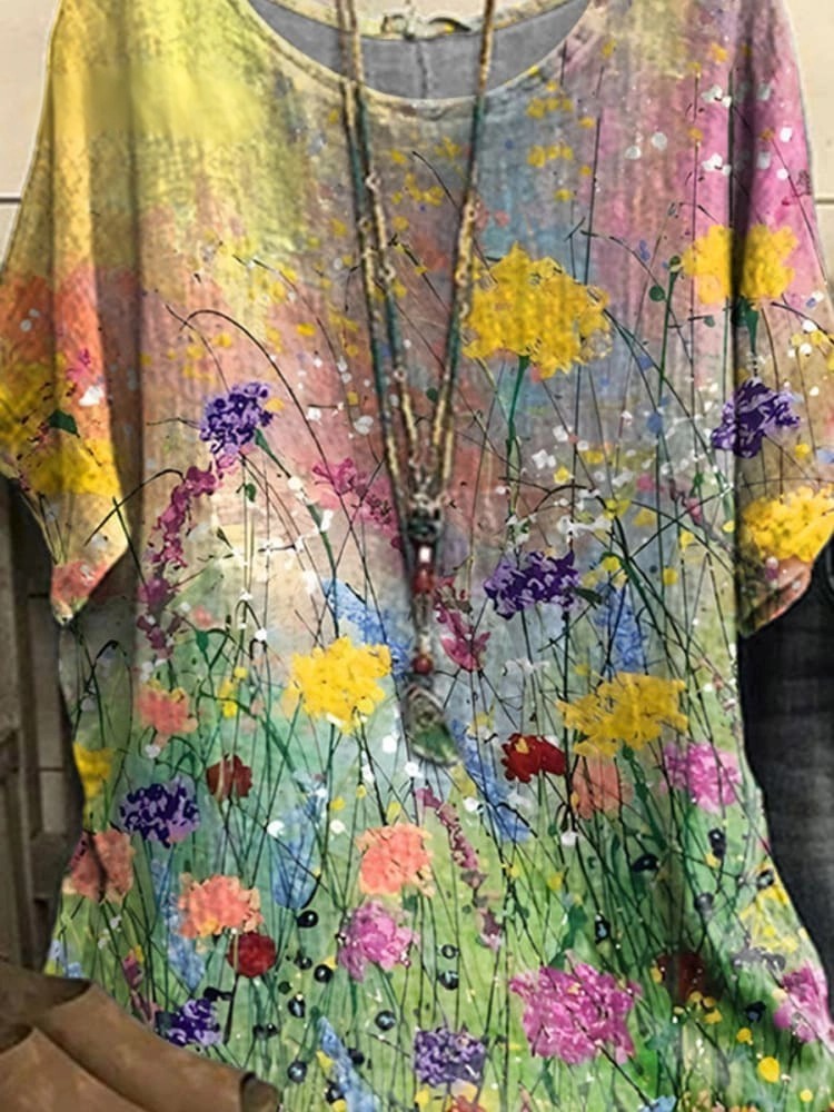 Women's Retro Elegant Floral Art Print Casual Top