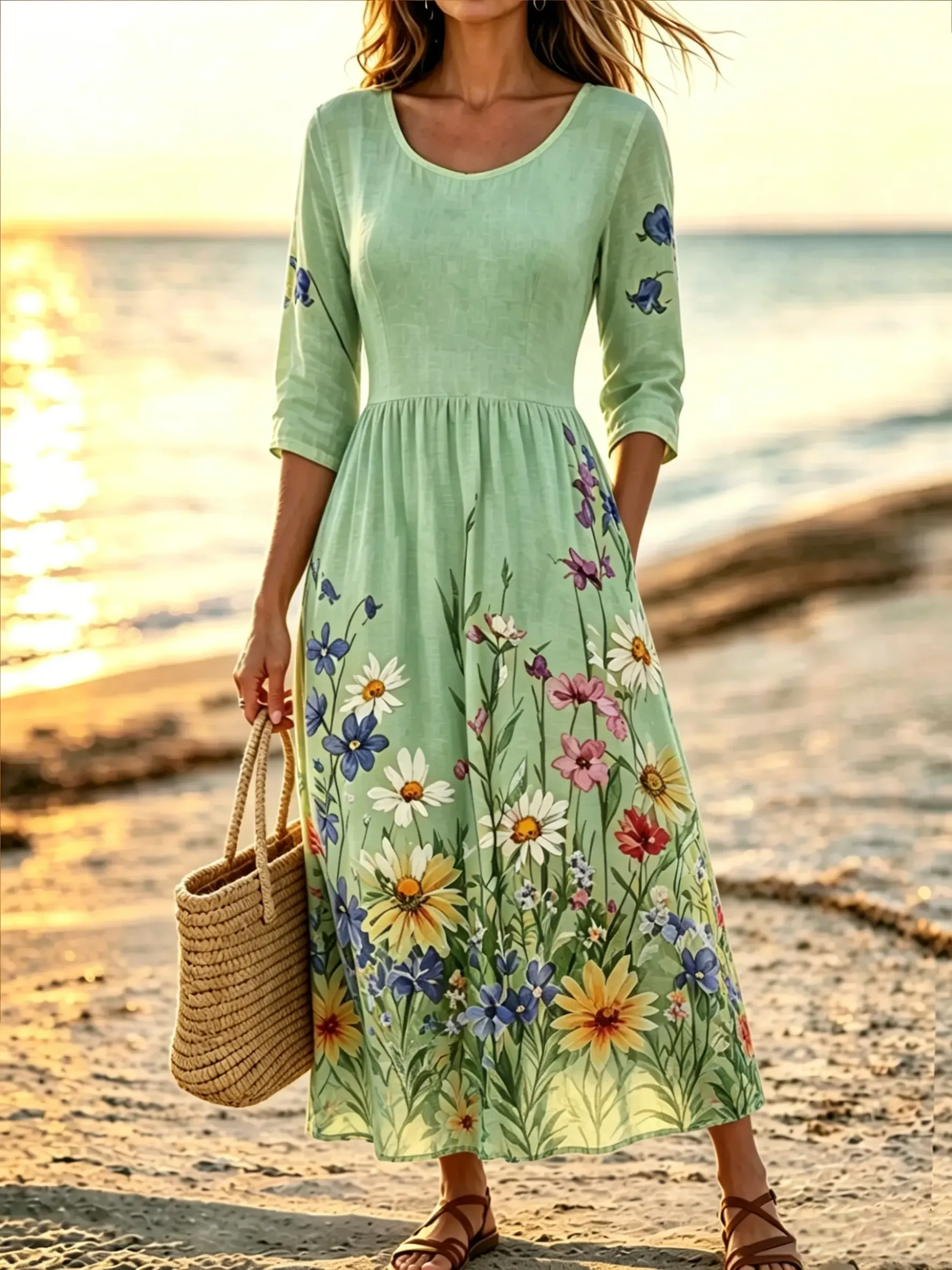 Women's Ditsy Wildflower Print Cotton 3/4 Sleeve Maxi Dress