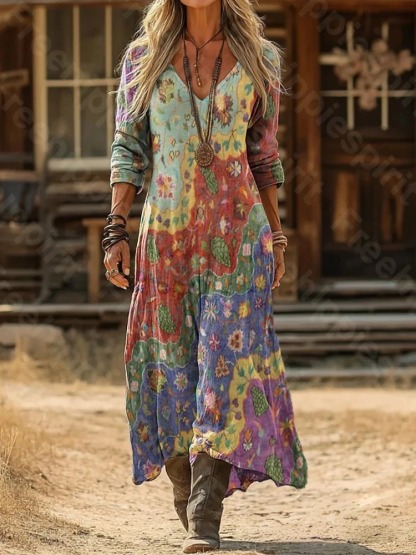 Women's Vintage Ethnic Floral Print Artistic Pocket Cotton Dress