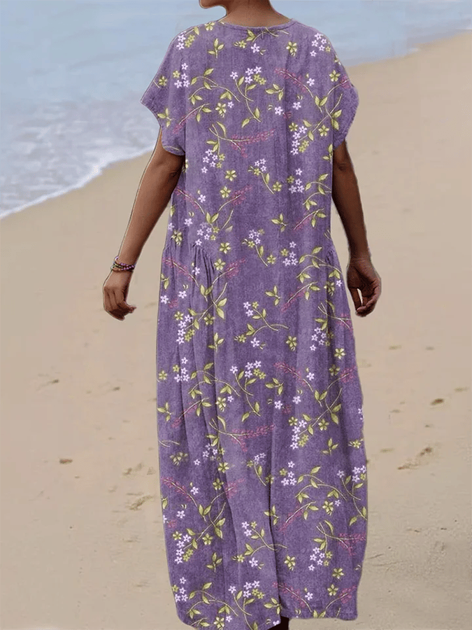 Women's Vintage Flower Art Print V-Neck Dress