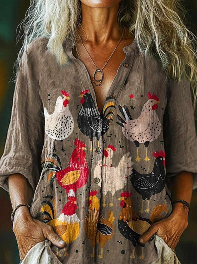 Women's Retro Cute Chicken Art Print Casual Cotton Linen Shirt