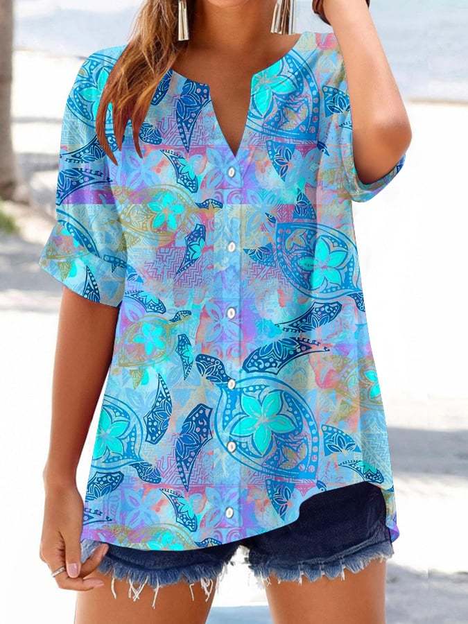 Women's Vintage Floral Turtle Button Design V-Neck Three Quarter Sleev