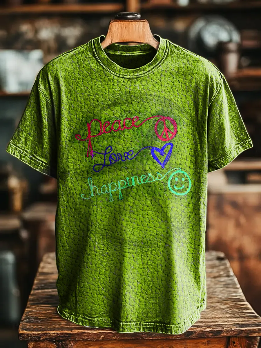 Hippie Peace Love Happiness Texture Unisex Vintage Art Print Casual T-shirt