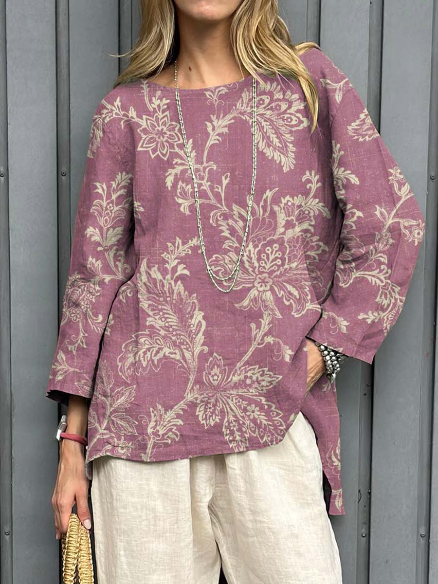 Women's Vintage Floral Art Print Casual Cotton Linen Shirt