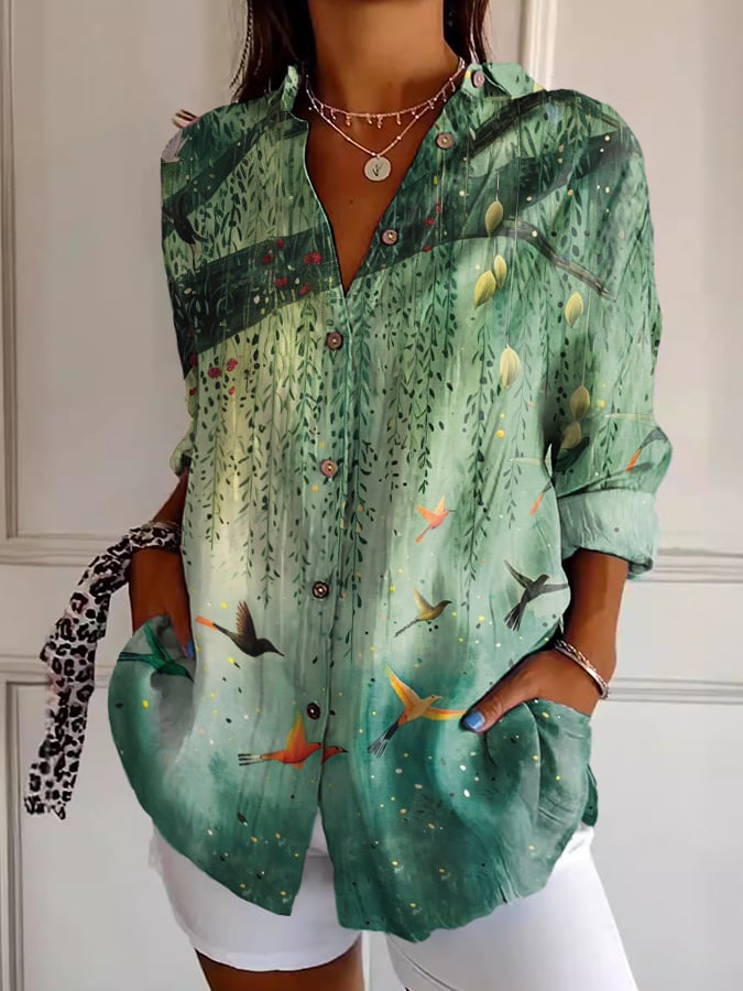 Women's Forest Bird Print Casual Lapel Shirt
