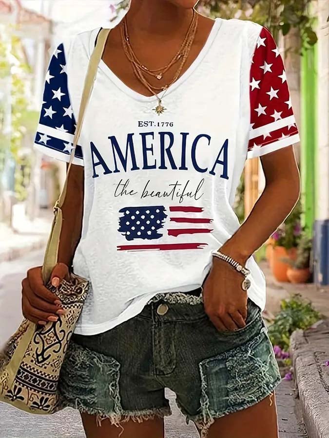 Women's Party Independence Day Printed V-Neck T-Shirt