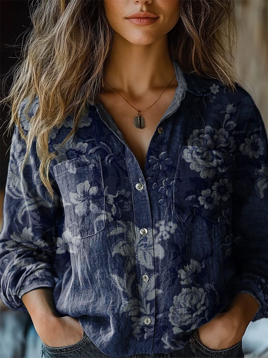 Vintage Floral Print Casual Long Sleeve Comfortable Cotton Shirt